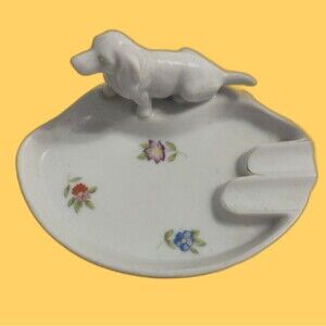Vintage Trinket Ashtray Ceramic Dish With Dog White Home Decor